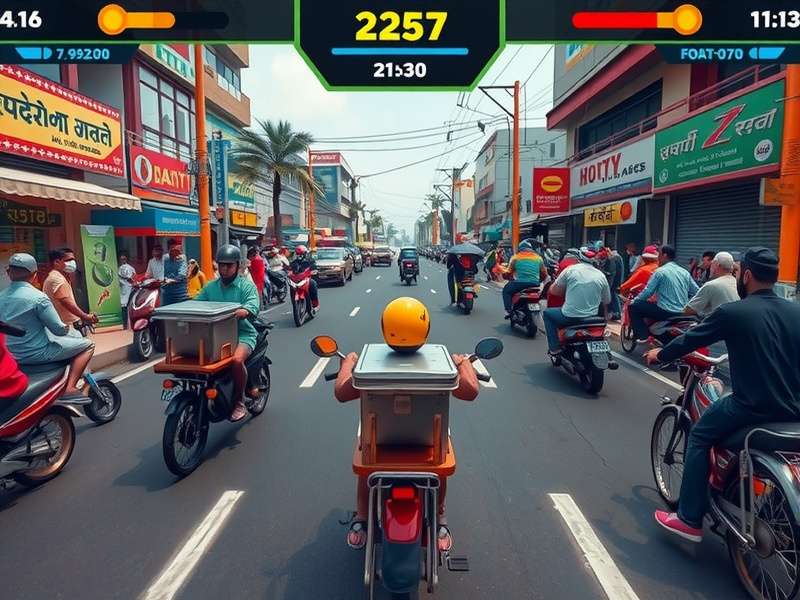 Dabbawala Speedster Game Interface showing Mumbai dabbawala racing gameplay in a crowded Mumbai street setting